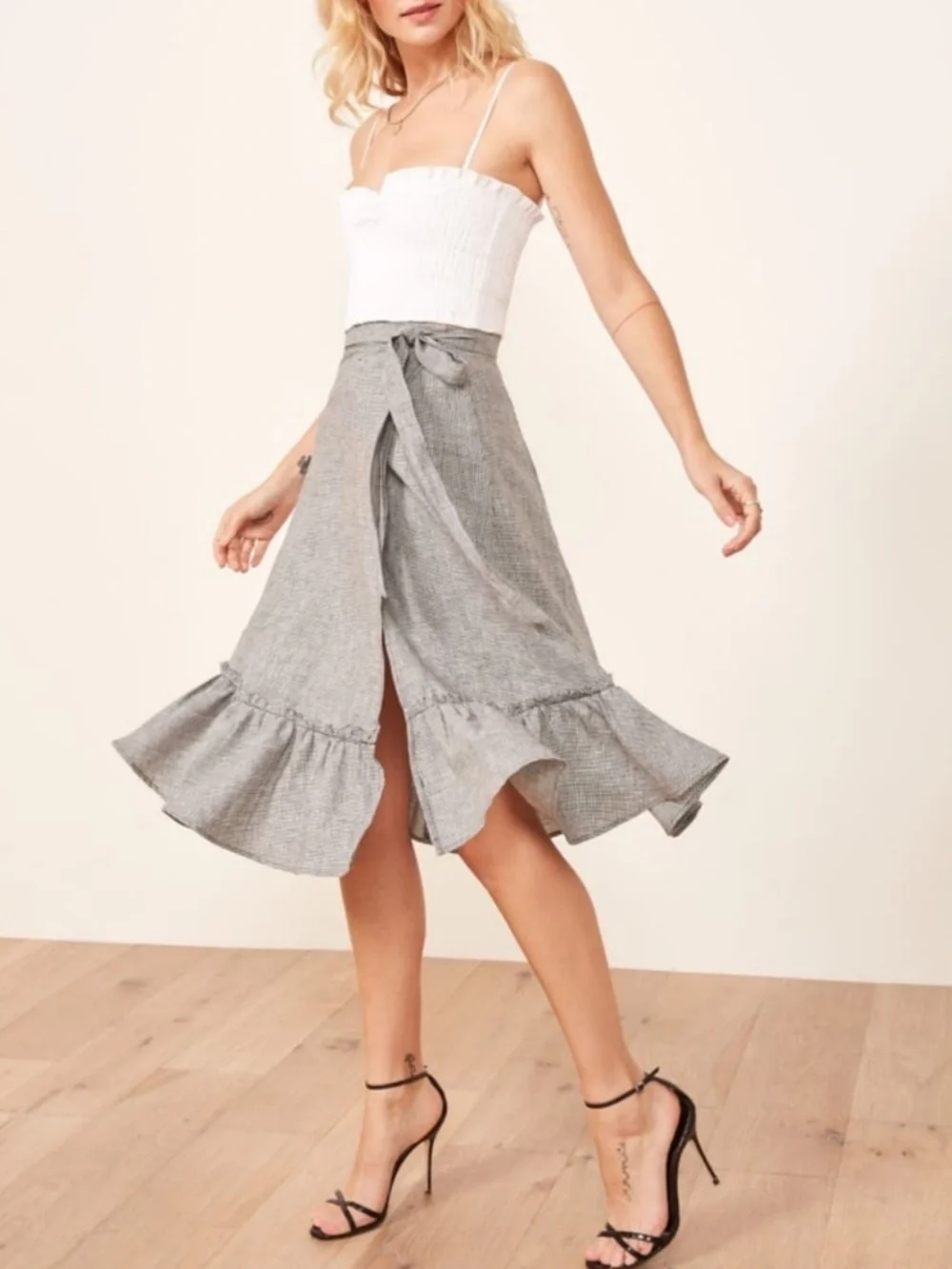 Reformation | Linen Gingham Gray Wrap Midi Skirt with Ruffle Hem